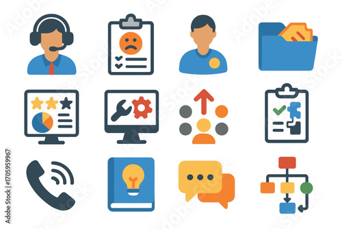Customer service icon set: flat style for support, communication, and feedback