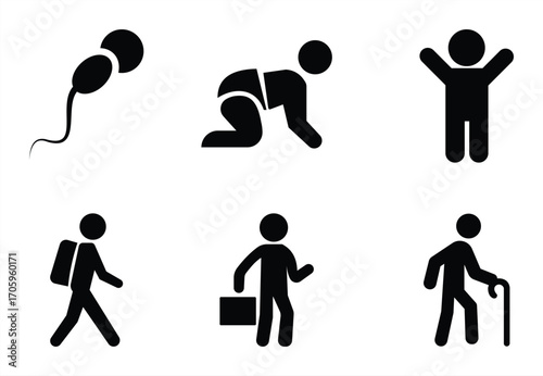 Human Life Cycle Icon Set – Vector Illustration of Growth Stages from Birth, Childhood, Student, Adult Worker, to Elderly with Cane Symbol for Education, Biology, and Social Concepts