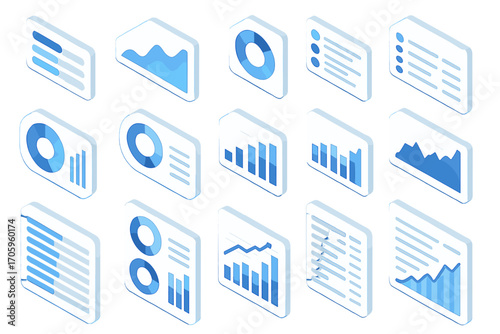 Data analysis icon set. charts, graphs, diagrams collection in 3d style
