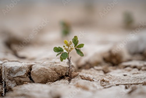 Small plant with green leaves sprouts from cracked dry earth, symbolizing resilience & new growth in harsh conditions