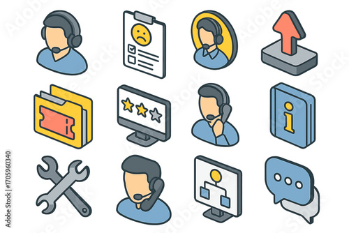 Customer support flat icon set. help desk, call center, assistance icons collection