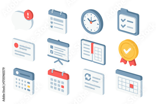 Office, productivity 3d icon set. calendar, clock, task management icons collection