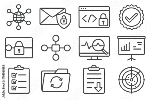 Security and technology outline icon set. cybersecurity, network symbols collection