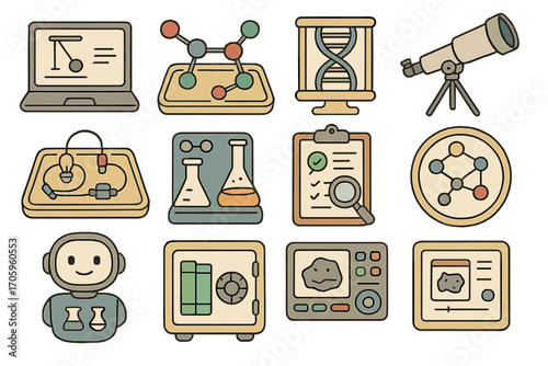 Science and technology outline icon set. lab, research, chemistry outline collection