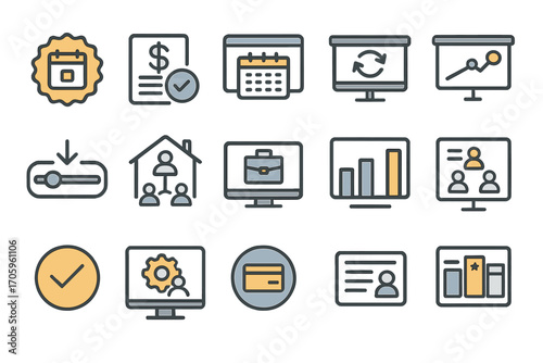 Business and finance icon set. flat style, charts, reports, money, updates
