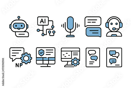 Ai technology icon set: chatbot, voice assistant, and network icons in line style