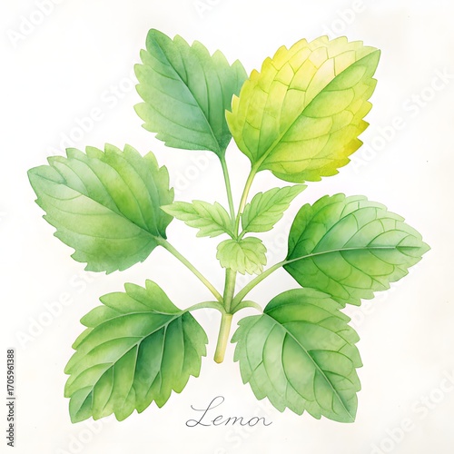 Watercolor painting of a lemon balm plant with green and yellow leaves herb