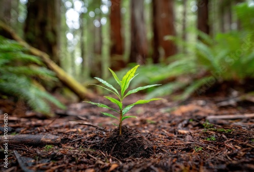 Vibrant green seedling sprouts from rich soil in a forest clearing, tall trees blurred in the background, with soft, natural light illuminating the scene