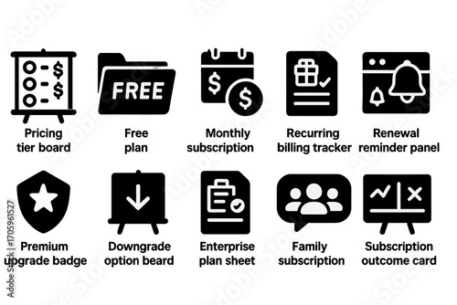 Subscription and pricing solid icon set. membership, plans, billing icons collection