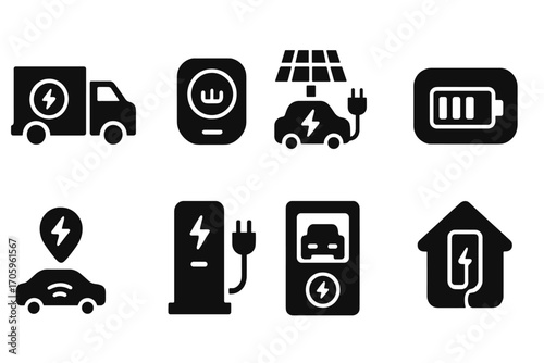 Electric vehicle charging solid icon set. ev, solar, power icons filled collection