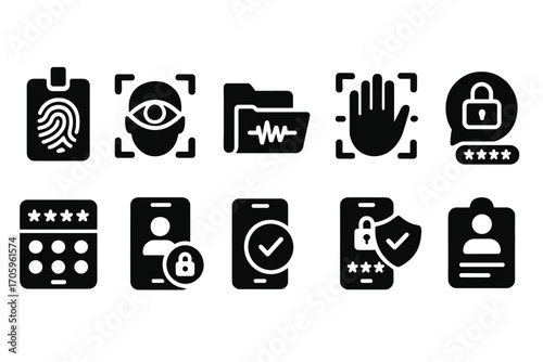Security and privacy solid icon set. biometric, authentication, password symbols collection