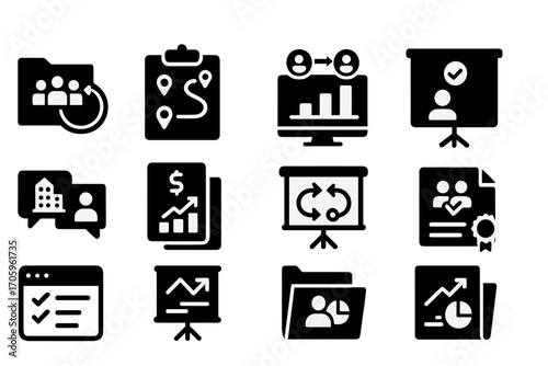 Business solid icon set. presentation, strategy, marketing symbols in solid style