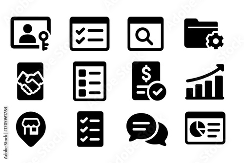 Business, productivity solid icon set. essential tools for optimization