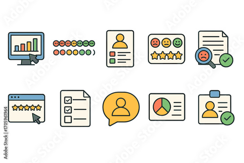 User feedback flat icon set. review, rating, survey, evaluation, interface icons