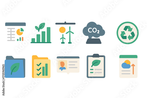 Eco-friendly business flat icon set. sustainable, green, recycling flat collection