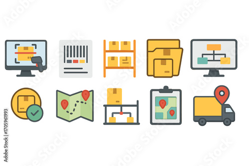 Logistics and delivery flat icon set. shipping, package, warehouse flat design icons
