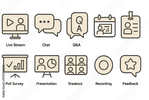 Communication and presentation outline icon set. webinar, live events graphic icons