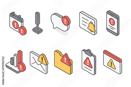 Alert and notification icon set. security, message isometric icons for web and app