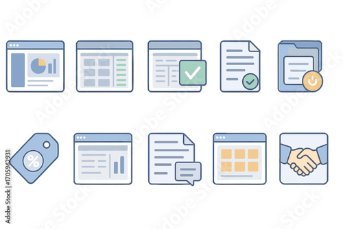 Business, office, data management icon set. flat style for digital content organization