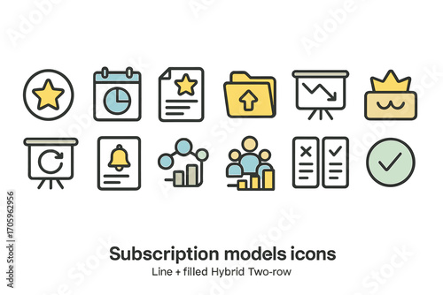 Subscription models icon set. business planning line and filled hybrid icons