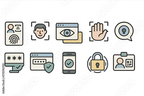 Security access flat icon set. biometric, identification, authentication icons collection