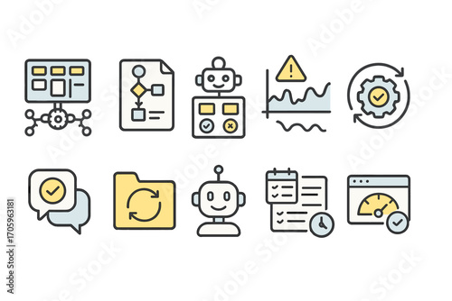 Linear icon set for automation, technology. robot, workflow management outline collection
