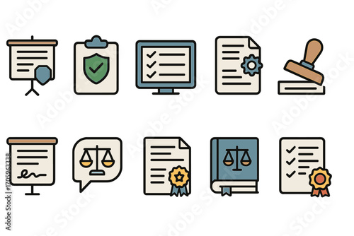 Business and legal outline icon set. certification, document, compliance icons