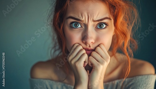 Young Anxious Girl Teenager Shows Signs Of Mental Stress And Anxiety Through Face Expressions Of Worry, Depression, And Nervousness.