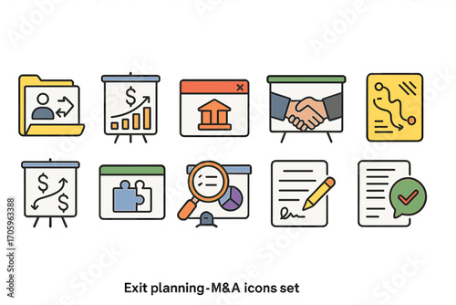 Exit planning, m&a flat icon set. business strategy and merger process icons