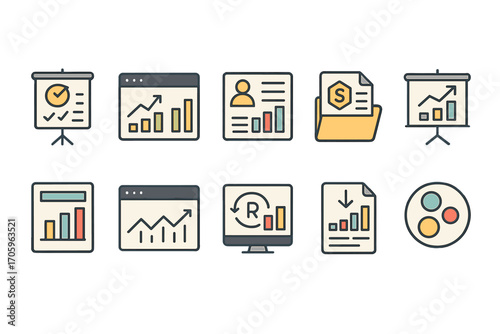 Business, analytics flat icon set. data, presentation, report, chart icons collection