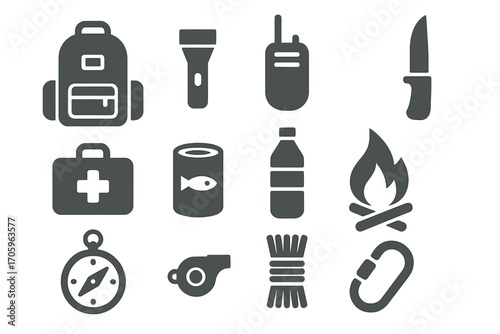 Camping essentials silhouette icon set. backpack, navigation, survival tools collection