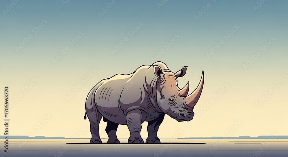 Fototapeta premium Stylized Rhinoceros Standing Alone in a Vast Landscape Illustration.