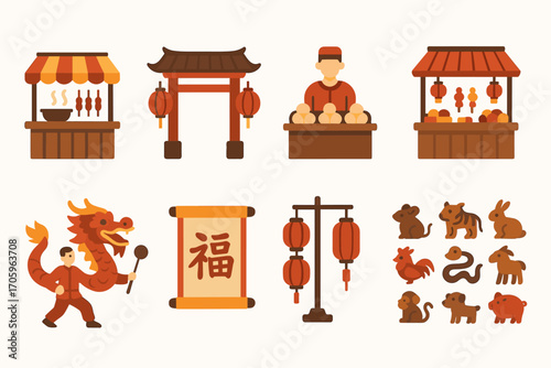 Chinese new year icon set. lunar festival, flat celebration illustrations collection