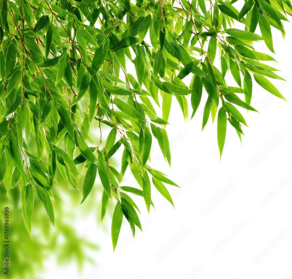 Naklejka premium A cluster of bright green leaves on delicate branches curves down, filling the upper left frame against a stark white background, light filtering through