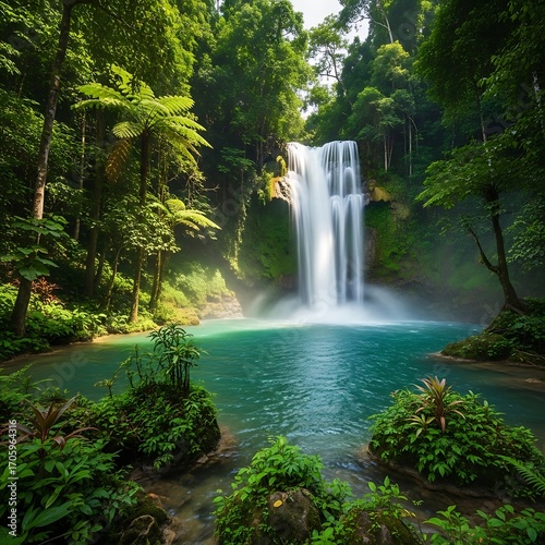 Lush Green Forest Waterfall Scene in Tropical Jungle with Flowing Water and Vibrant Vegetation