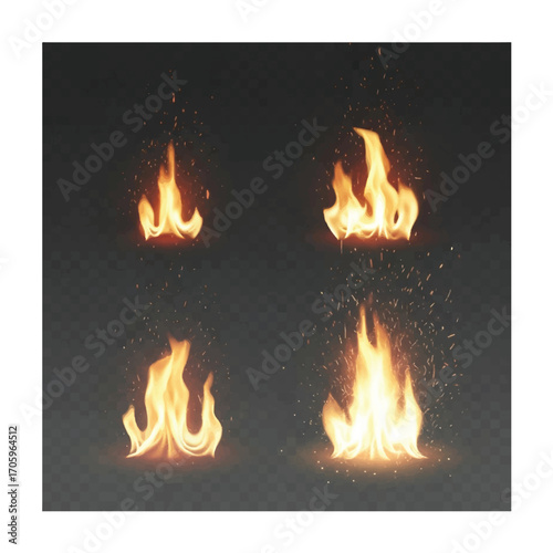 Four distinct campfire flames with glowing embers and sparks against a dark background