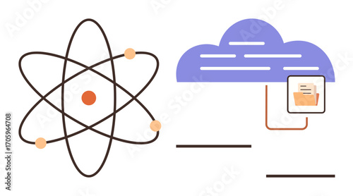 Atomic structure orbiting electrons beside cloud storage folder, uniting science, technology, and knowledge sharing. Ideal for education, technology, innovation, research, cloud computing data