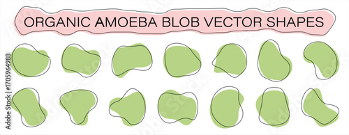 Organic amoeba abstract blob vector shapes set, green modern fluid forms, creative liquid design elements collection for backgrounds, posters and compositions
