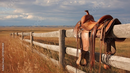 Rustic leather saddle draped over a weathered wooden fence in a golden prairie landscape