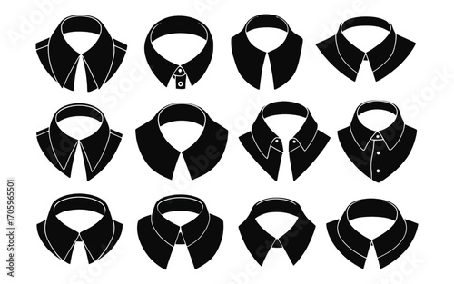 A diverse collection of black silhouette icons showcasing various classic and modern shirt collar styles for fashion and apparel design