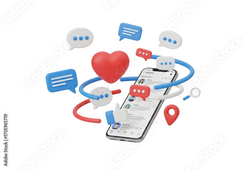 3d social media app interface view on transparent background