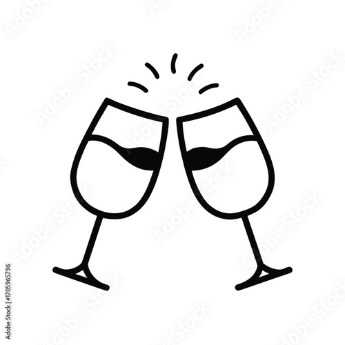 Elegant stylized black silhouette of two wine glasses clinking together