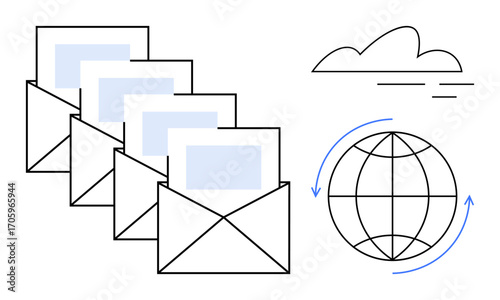 Four open envelopes releasing letters alongside a globe and cloud, representing global mail, networking, cloud storage, sharing, communication, connectivity, and information flow. Ideal for digital