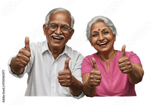 Happy elderly couple giving thumbs up isolated on transparent background