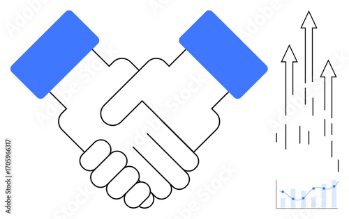 Handshake indicating collaboration, blue arrows symbolizing growth and success, along with a chart. Ideal for partnership, teamwork, success, business deal, growth progress agreement. Simple flat