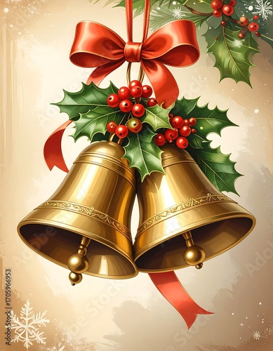 Two golden Christmas bells, adorned with holly and red ribbon, hang against a vintage-style backdrop