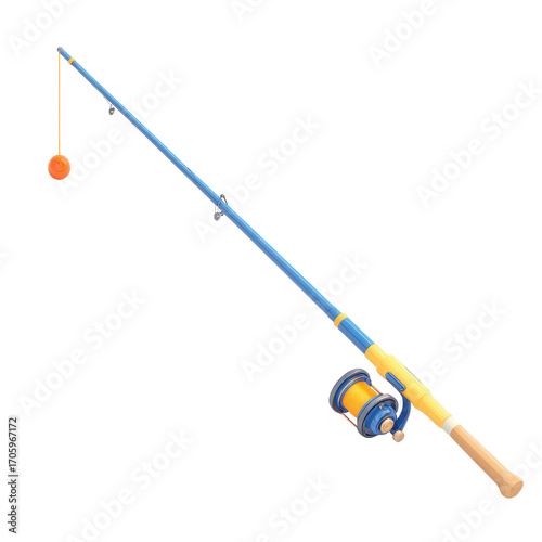 High quality photo of a colorful fishing rod and reel with a bobber isolated on transparent background
