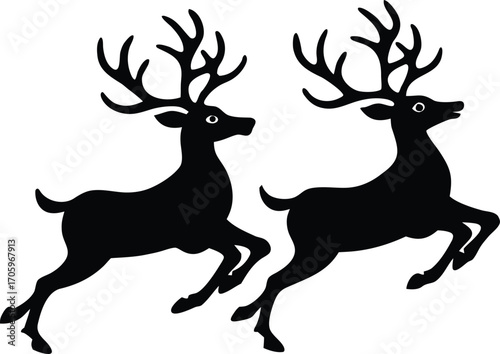Two leaping reindeer silhouette vector illustration for Christmas cards