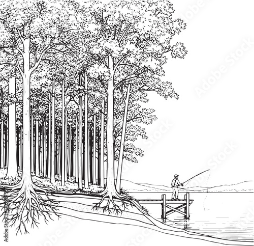 Man fishing from a wooden pier surrounded by tall trees by a calm lake