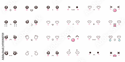 Collection of cute kawaii anime style faces and emoticons expressing various emotions